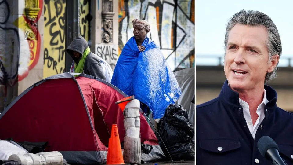 Photo of a homeless person in a tent in Skid Row on the left, and Gov. Newsom on the right.