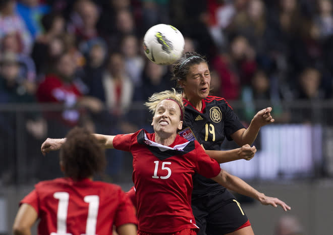   Kelly Parker #15 Of Canada And Monica Alvarado #19 Of Mexico Battle For The Ball Getty Images