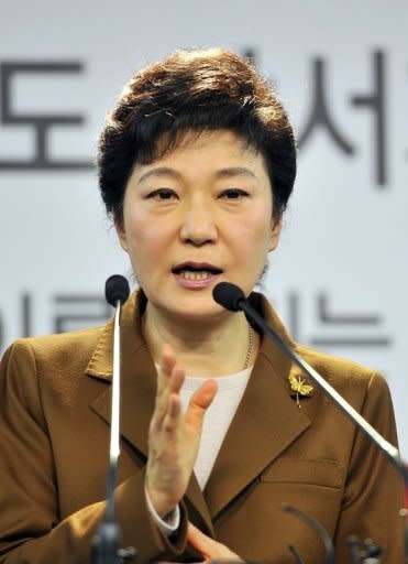 Park Geun-Hye, of the ruling New Frontier Party, speaks at a press conference in Seoul on November 5. According to the polls, Park would have easily won in the event of a three-horse race, but they put her neck and neck in a face-off with either Moon Jae-In or Ahn Cheol-Soo