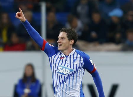 TSG 1899 Hoffenheim's Sebastian Rudy celebrates after scoring a goal against Borussia Dortmund during their German Bundesliga first division soccer match in Sinsheim, Germany, September 23, 2015. REUTERS/Ralph Orlowski