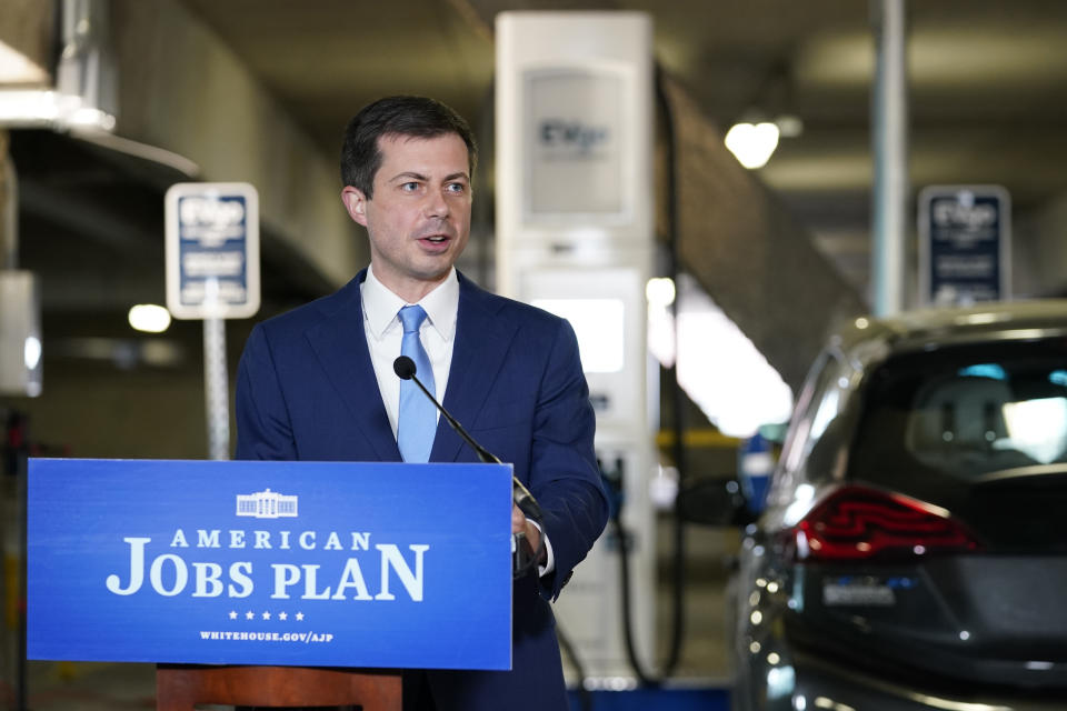 Transportation Secretary Pete Buttigieg speaks at an event near an electric car charging station at Union Station in Washington, Thursday, April 22, 2021. (AP Photo/Susan Walsh)