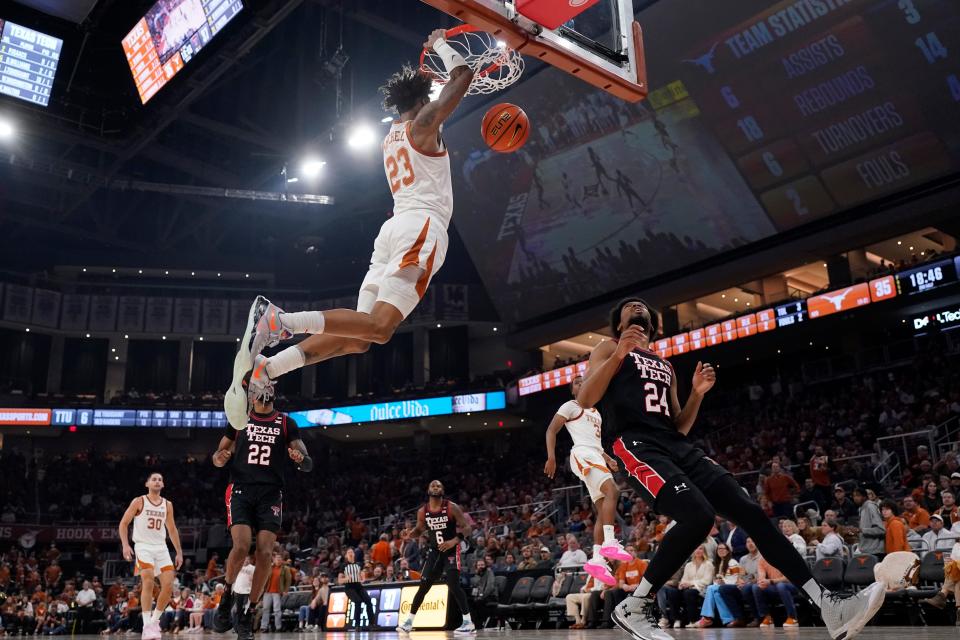 Texas forward Dillon Mitchell registered 16 points and 11 rebounds in Saturday's 78-67 loss to Texas Tech in the Big 12 opener. The Horns dropped to 25-2 all time at Moody Center.