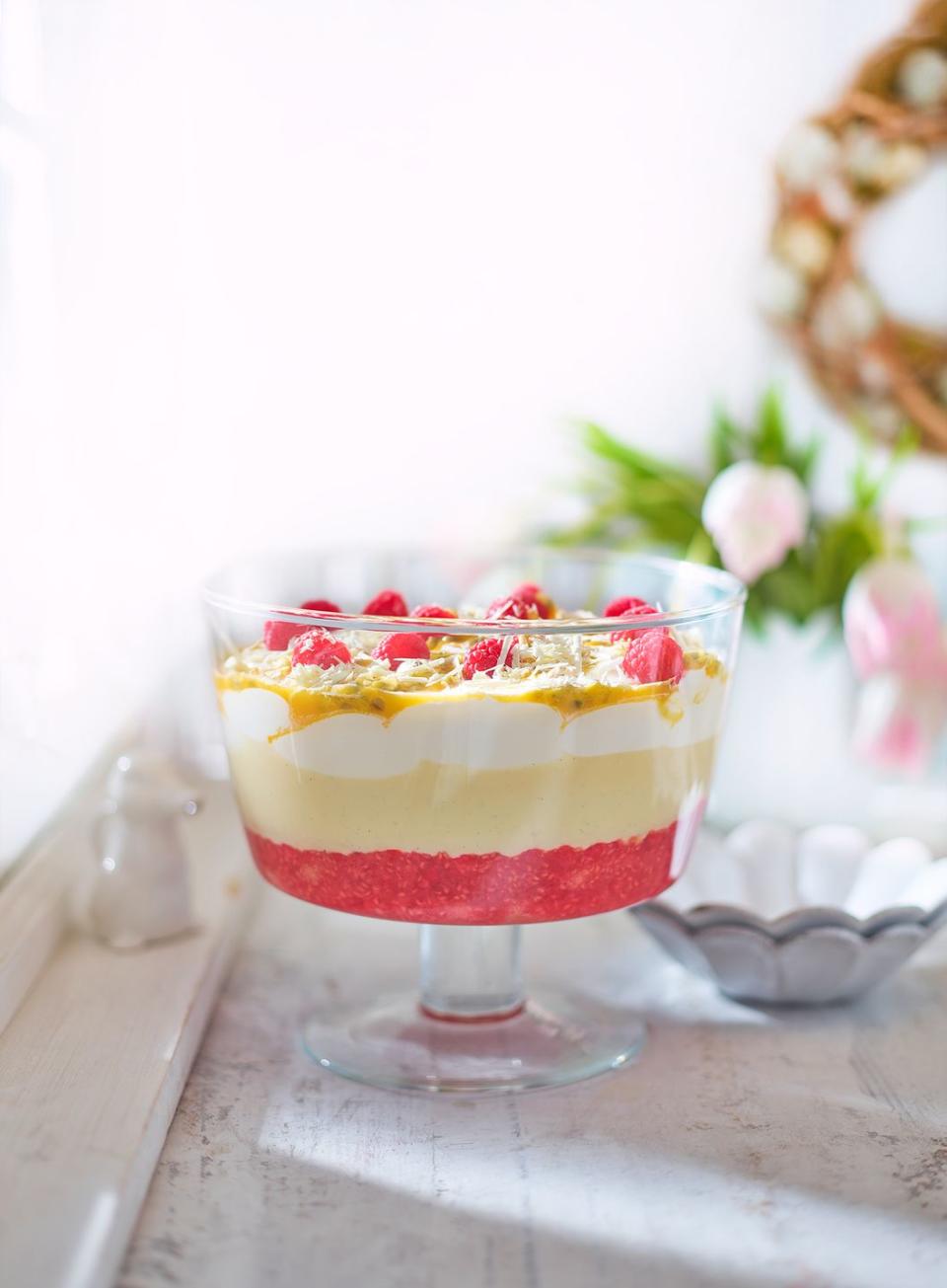 White chocolate, raspberry and passionfruit trifle