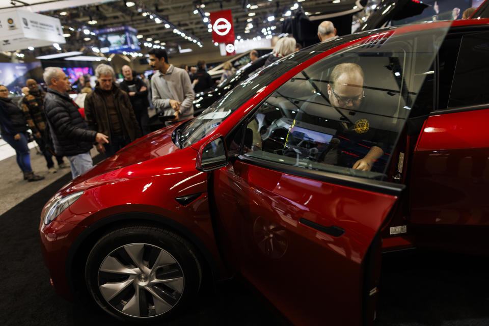 A Tesla Model Y during the Canadian International Auto Show in Toronto, Ontario, Canada, on Friday, Feb. 16, 2024.  / Credit: Cole Burston/Bloomberg via Getty Images