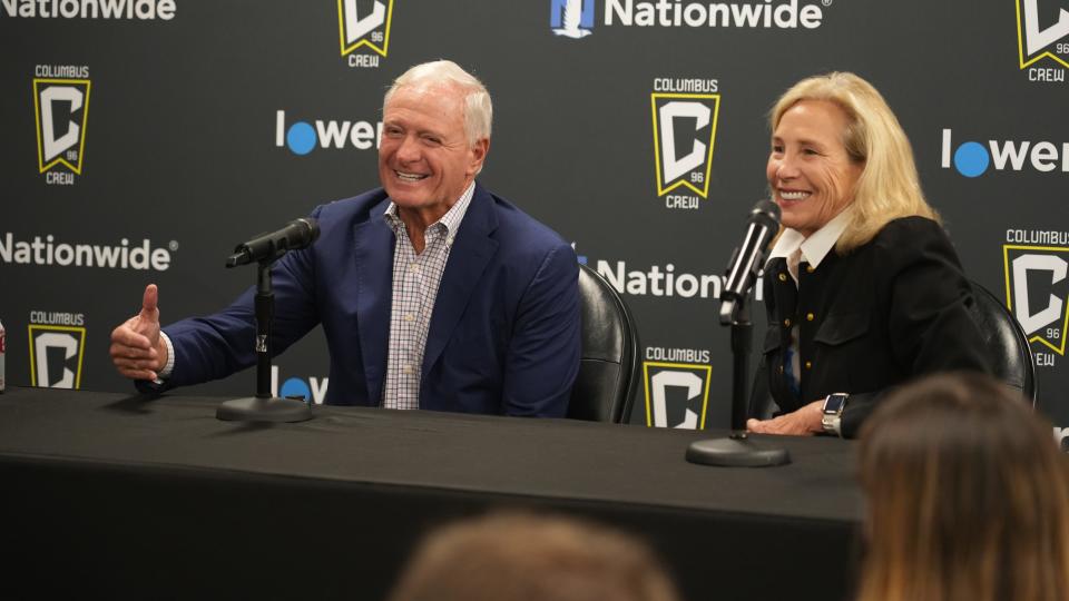 Jun 7, 2024; Columbus, Ohio, USA; The Columbus Crew owners Jimmy and Dee Haslam smile as they introduced Issa Tall as their new General Manager at Lower.com Field Friday afternoon June 7, 2024. Mandatory Credit: Doral Chenoweth-USA TODAY Sports