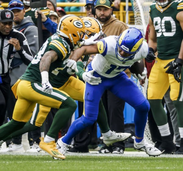 Wide receiver Puka Nacua (R) and the Los Angeles Rams will battle the Arizona Cardinals on Sunday in Glendale, Ariz. File Photo by Tannen Maury/UPI