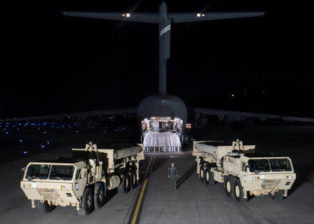 Terminal High Altitude Area Defense (THAAD) interceptors arrive at Osan Air Base in Pyeongtaek, South Korea, in this handout picture provided by the United States Forces Korea (USFK) and released by Yonhap on March 7, 2017. USFK/Yonhap via REUTERS