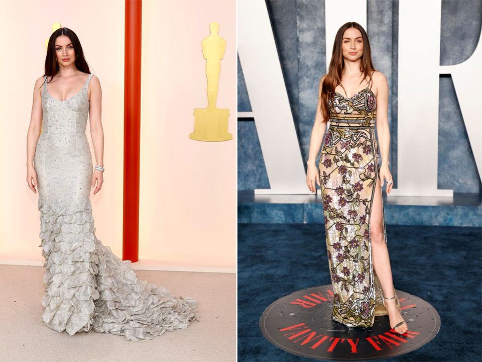 A side-by-side of Ana de Armas at the Oscars and the Vanity Fair Oscars After Party in 2023.