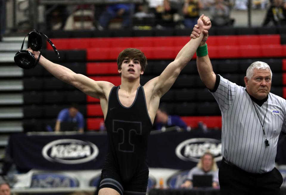 Trinity’s George Ferree wins the 2023 KHSAA State Wrestling’s 165 weight class championship..Feb. 25, 223