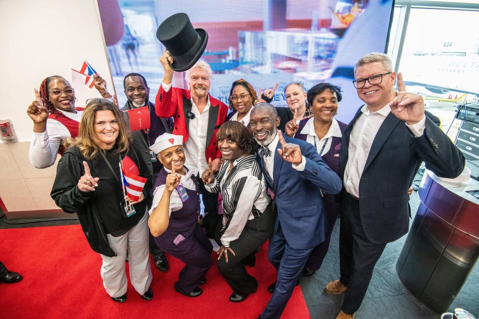 Delta Air Lines ane Virgin Voyages come together to give away a pair of tickets to each passenger on a flight to San Juan, Puerto Rico from Atlanta, Georgia at Hartsfield Jackson international Airport on Thursday February 29, 2024. (Chris Rank/ Rank Studios)