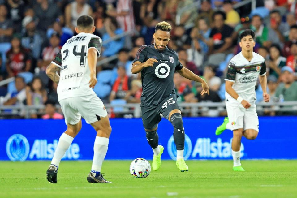 Aug 10, 2022; Saint Paul, MN, USA; MLS midfielder Hany Mukhtar (95) of Nashville SC moves the ball against Liga MX midfielder Luis Chavez (24) of CF Pachuca during the MLS All-Star Game at Allianz Field.