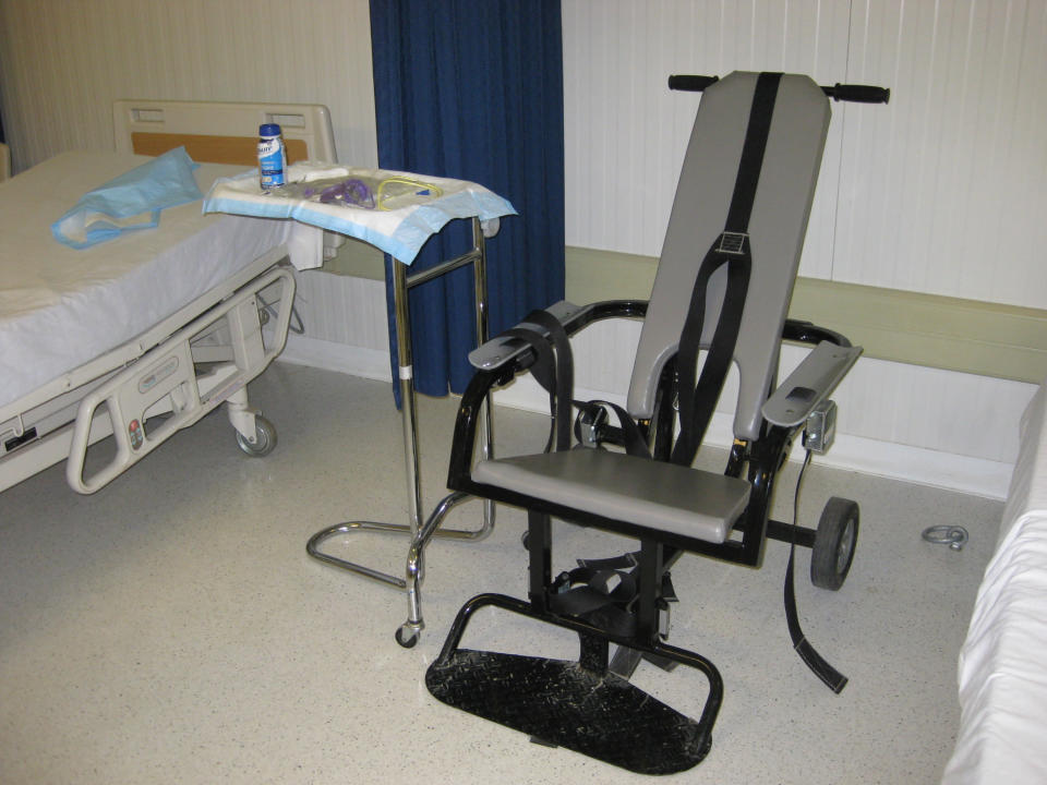 Captives who won't eat and are considered at risk are given up-to twice daily feedings of Ensure or other nutritional shakes, often while strapped into a restraint chair shown in this Thursday, March 21, 2013 display at the prison camps' hospital at the U.S. Navy base at Guantanamo Bay, and cleared for release by the U.S. military. (Carol Rosenberg/Miami Herald/MCT)