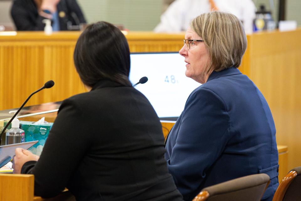 Jennifer Nash, chair of the Oregon Public Defense Commission, speaks about House Bill 4002 during the public hearing at the Oregon State Capitol on Monday, Feb. 27, 2024, in Salem, Ore.