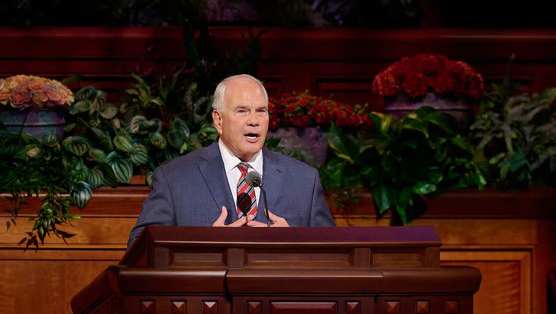 Elder Ronald A. Rasband speaks during the Saturday afternoon session of October general conference.