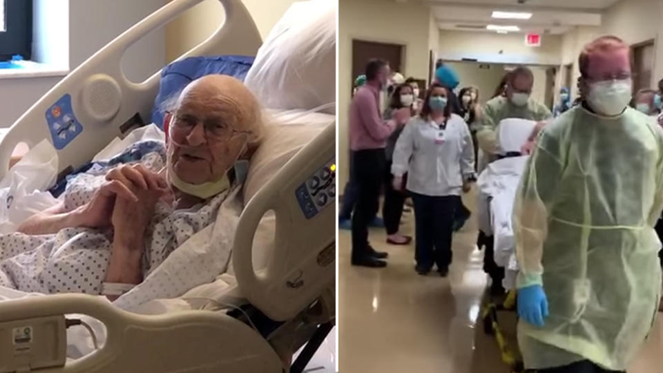 Picture of Lloyd Falk, a 100-year-old war veteran who beat COVID-19 after. being admitted to  Henrico Doctors’ Hospital, and a picture of staff. clapping for him as he is wheeled out