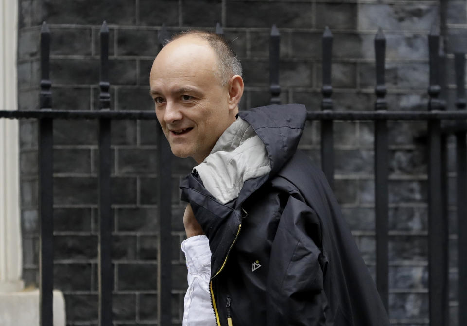 Dominic Cummings, political adviser to Britain's Prime Minister Boris Johnson, arrives at 10 Downing Street in London, Thursday, Sept. 26, 2019. An unrepentant Prime Minister Boris Johnson brushed off cries of "Resign!" and dared his foes to try to topple him Wednesday at a raucous session of Parliament, a day after Britain's highest court ruled he acted illegally in suspending the body ahead of the Brexit deadline. (AP Photo/Kirsty Wigglesworth)