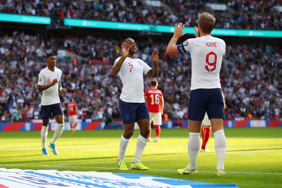 LONDON, ENGLAND - SEPTEMBER 07: Raheem Sterling of England celebrates after scoring his team's third goal with Harry Kane of England during the UEFA Euro 2020 qualifier match between England and Bulgaria at Wembley Stadium on September 07, 2019 in London, England. (Photo by Richard Heathcote/Getty Images)