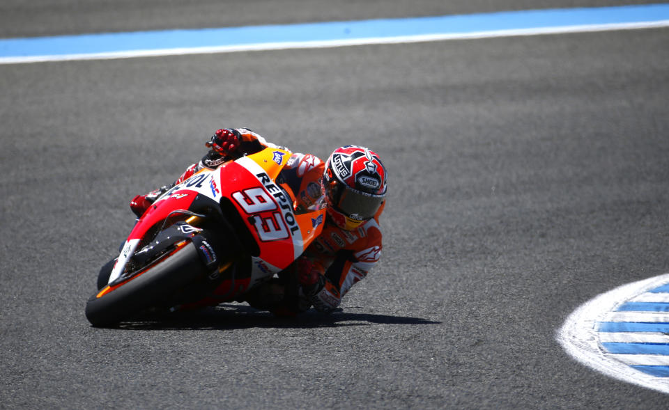 MotoGP raider Marc Marquez of Spain steers his Honda during the Spain's Motorcycle Grand Prix at the Jerez race track on Sunday, May 4, 2014 in Jerez de la Frontera, southern Spain. (AP Photo/Miguel Angel Morenatti)