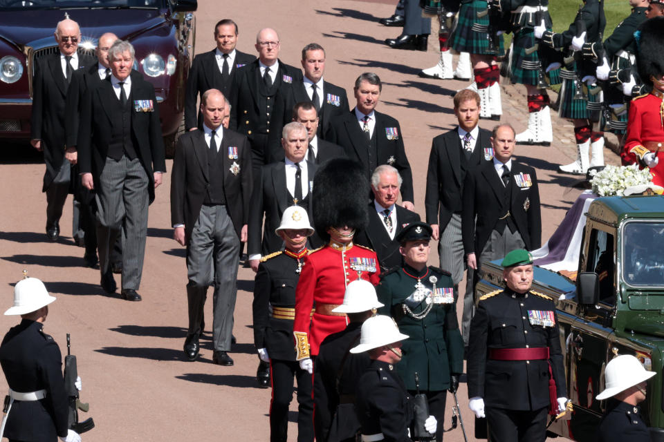 WINDSOR, ENGLAND - APRIL 17: Princess Anne, Princess Royal, Prince Charles, Prince of Wales, Prince Andrew, Duke of York, Prince Edward, Earl of Wessex, Prince William, Duke of Cambridge, Peter Phillips, Prince Harry, Duke of Sussex, Earl of Snowdon David Armstrong-Jones and Vice-Admiral Sir Timothy Laurence follow Prince Philip, Duke of Edinburgh's coffin during the Ceremonial Procession  during the funeral of Prince Philip, Duke of Edinburgh at Windsor Castle on April 17, 2021 in Windsor, England. Prince Philip of Greece and Denmark was born 10 June 1921, in Greece. He served in the British Royal Navy and fought in WWII. He married the then Princess Elizabeth on 20 November 1947 and was created Duke of Edinburgh, Earl of Merioneth, and Baron Greenwich by King VI. He served as Prince Consort to Queen Elizabeth II until his death on April 9 2021, months short of his 100th birthday. His funeral takes place today at Windsor Castle with only 30 guests invited due to Coronavirus pandemic restrictions. (Photo by Hannah McKay/WPA Pool/Getty Images)