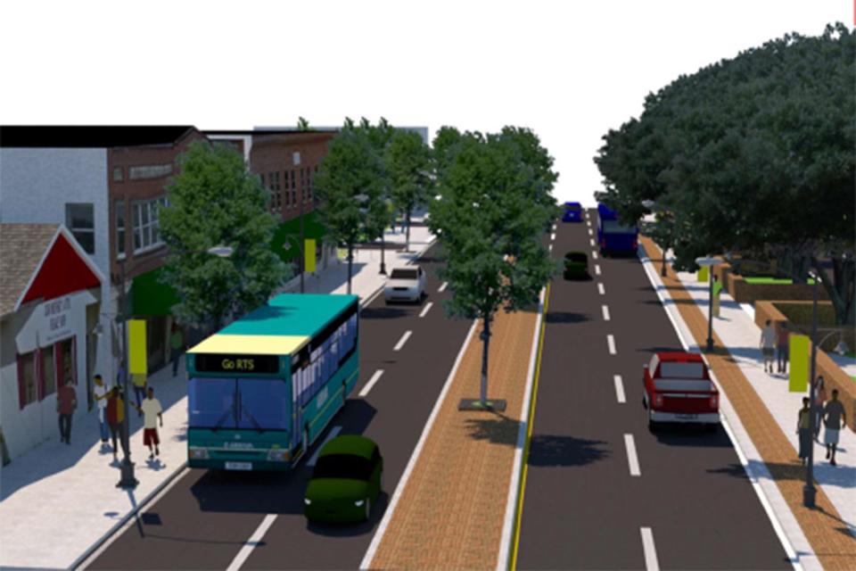This artist's rendering shows a redesigned West University Avenue near the University of Florida campus, on the right, looking east from about 12th Avenue.