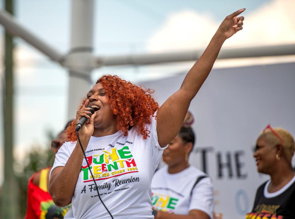 Gospel singers perform during Juneteenth A Family Reunion For The Culture at Museum Plaza Saturday, June 18, 2022. The celebration returns for a second year of live music, food, games and more June 17, 2023.