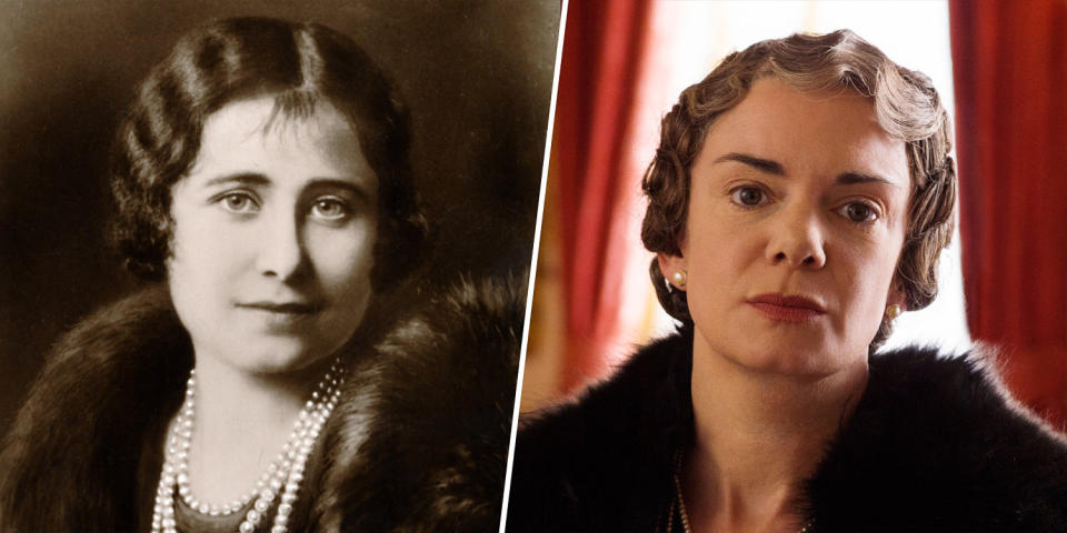 (Left) Queen Elizabeth circa 1936. (Right) Victoria Hamilton as Queen Elizabeth, the Queen Mother, on 