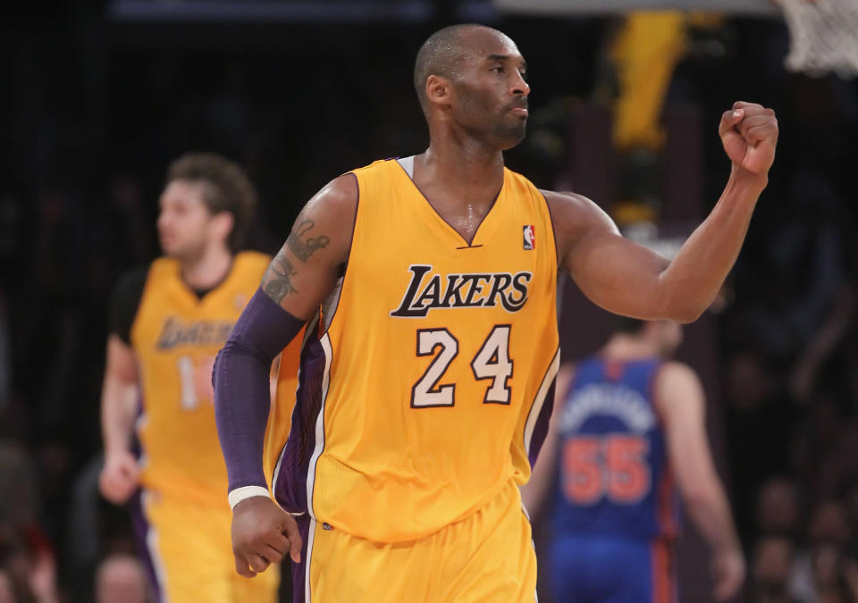 Lakers guard Kobe Bryant pumps his fist during the second half of a game against the Knicks on Dec. 29 in Los Angeles. (Photo by Jeff Gross/Getty Images)