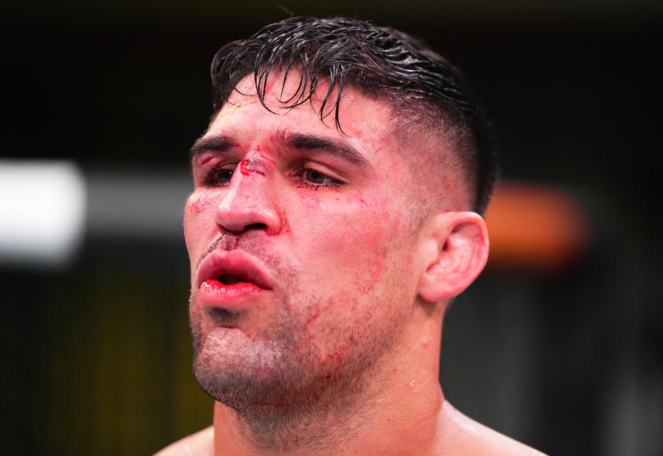 LAS VEGAS, NEVADA - AUGUST 06: Vicente Luque reacts after his TKO loss to Geoff Neal in a welterweight fight during the UFC Fight Night event at UFC APEX on August 06, 2022 in Las Vegas, Nevada. (Photo by Chris Unger/Zuffa LLC)