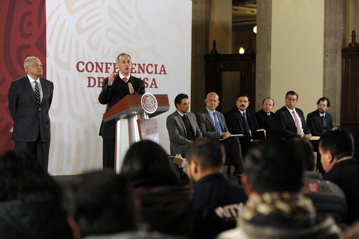 MEXICO CITY, MEXICO - JANUARY 21: Hugo López Gatell Ramírez Sub Secretary of Health Prevention and Promotion speaks during the daily morning press briefing at Palacio Nacional on January 21, 2020 in Mexico City, Mexico. (Photo by Pedro Gonzalez Castillo/Getty Images)