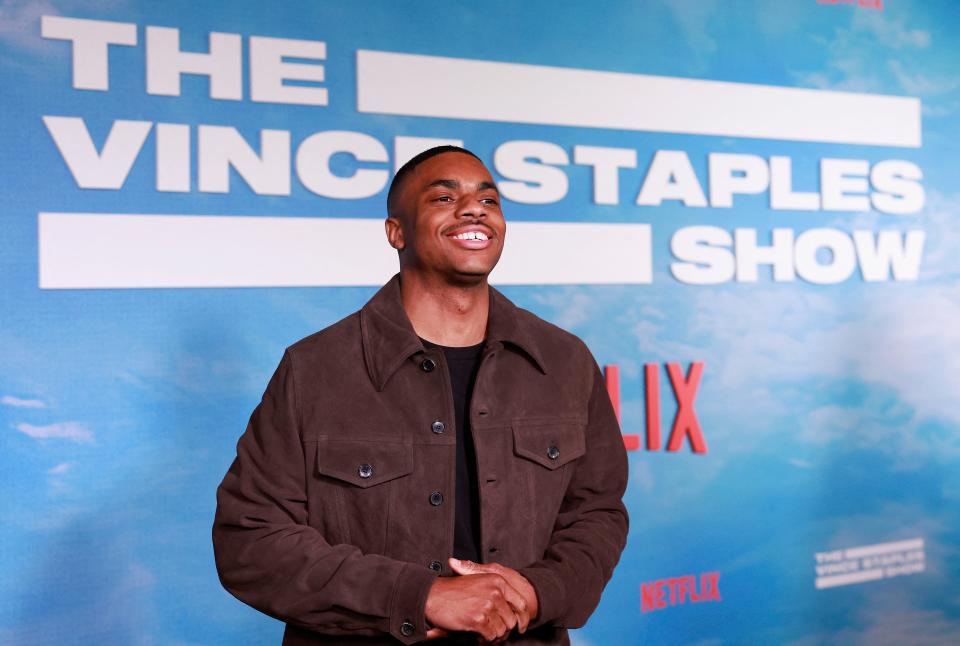 US rapper Vince Staples arrives for Netflix's "The Vince Staples Show" special screening at the Tudum theatre in Los Angeles, February 12, 2024. (Photo by Michael Tran / AFP) (Photo by MICHAEL TRAN/AFP via Getty Images)