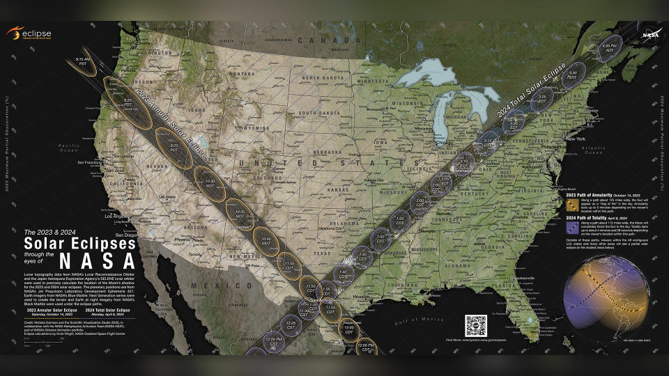 Map of solar eclipses over North America in 2023-2024.