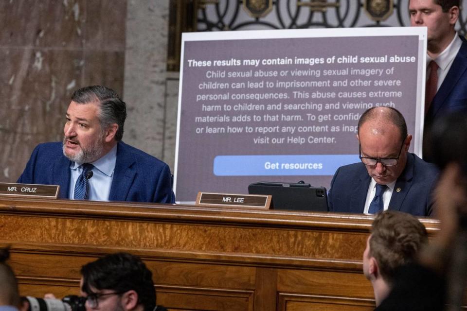 Sen. Ted Cruz, R-Texas, displays a message from Meta during a Senate Judiciary Committee hearing about Big Tech and the Online Child Sexual Exploitation Crisis on January 31, 2024, at Capitol Hill in Washington, DC.