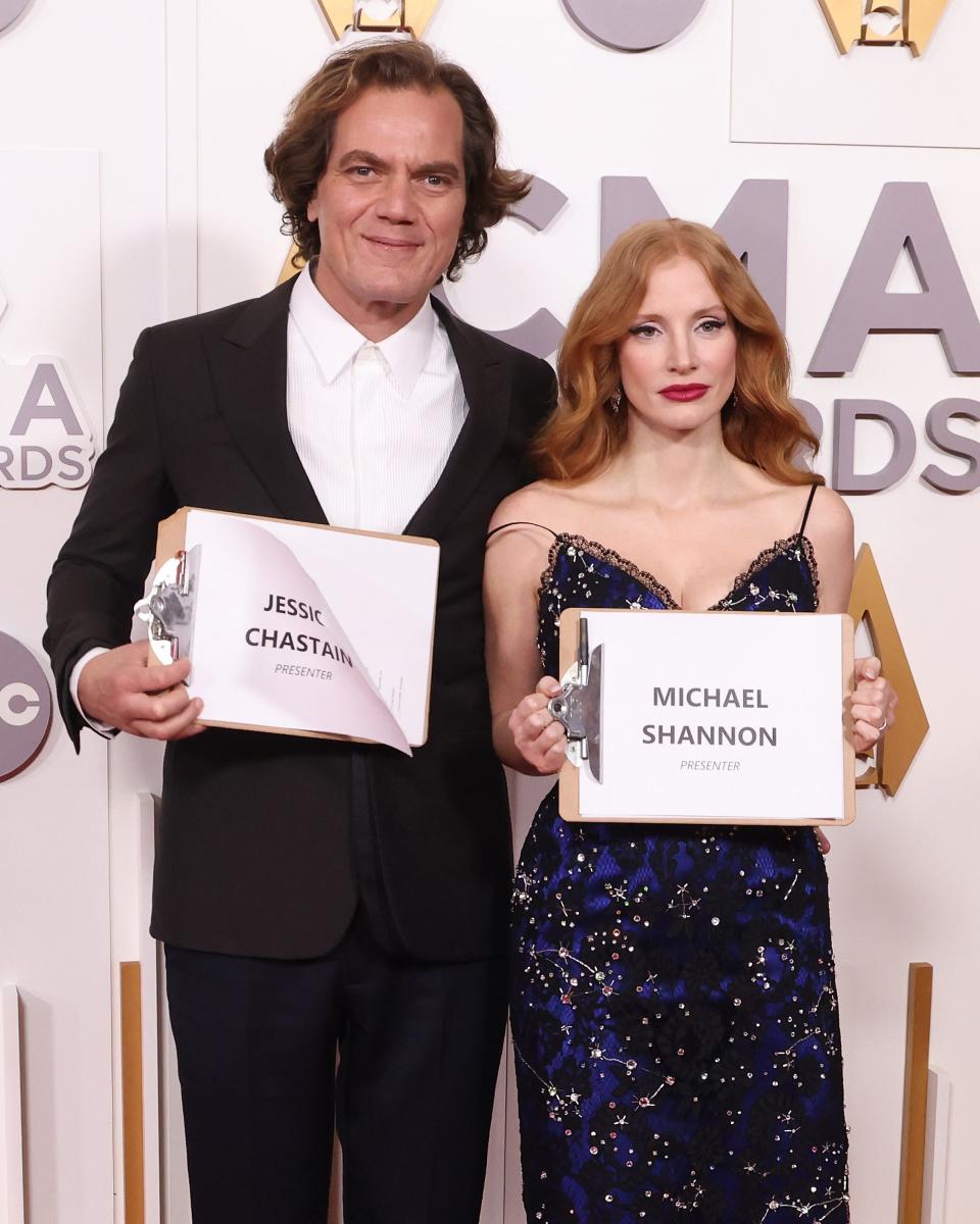 Michael Shannon and Jessica Chastain attend the 56th Annual CMA Awards at Bridgestone Arena on November 09, 2022 in Nashville, Tennessee. (