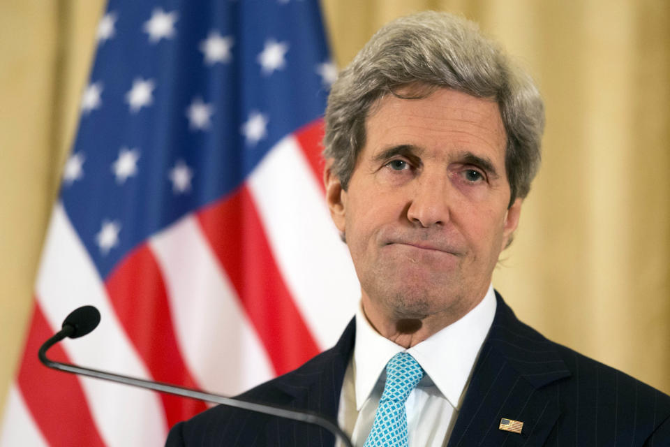 FILE - In this March 30, 2014, file photo U.S. Secretary of State John Kerry listens to a question at a news conference in Paris. The Palestinians are not walking away from U.S.-led efforts to reach a peace deal with Israel, a top Palestinian official said Wednesday, April 2, 2014, a day after their renewed bid for international recognition of a "state of Palestine" threw Washington's already troubled Mideast mission into further disarray. (AP Photo/Jacquelyn Martin, Pool, File)