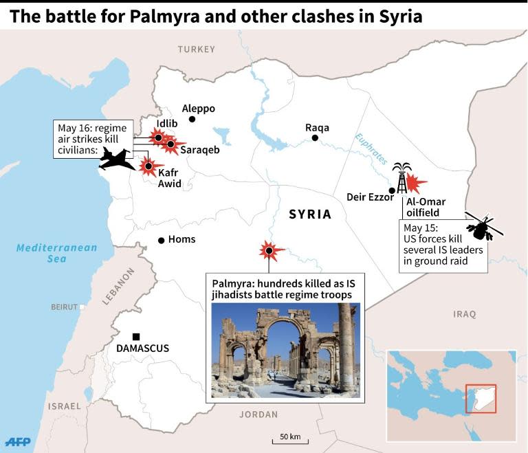 Map and illustrations detailing the latest clashes in Syria