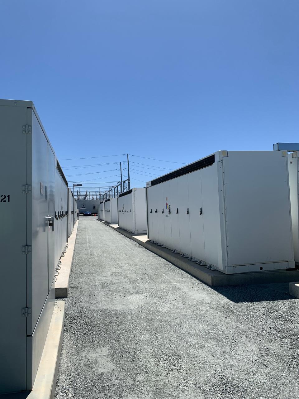 Part of the 182.5 megawatt battery storage system at Pacific Gas & Electric's Moss Landing Substation. The site is filled with 256 Telsa megapack battery units and can store enough power during the day to power 275,000 homes for four hours when the sun goes down and cheap solar power disappears from the grid.