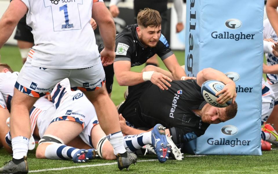 Callum Chick dives over to score the first try during Newcastle's win over Bristol Bears - GETTY IMAGES