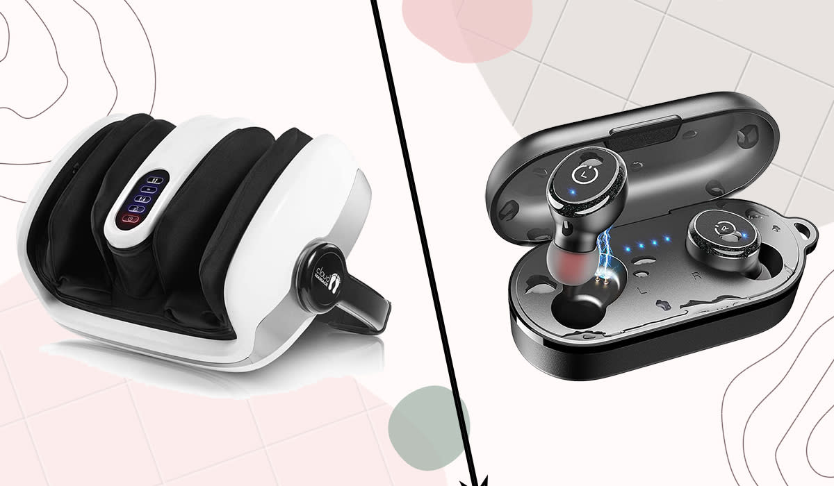 A foot massager and a pair of wireless earbuds divided by a line. 