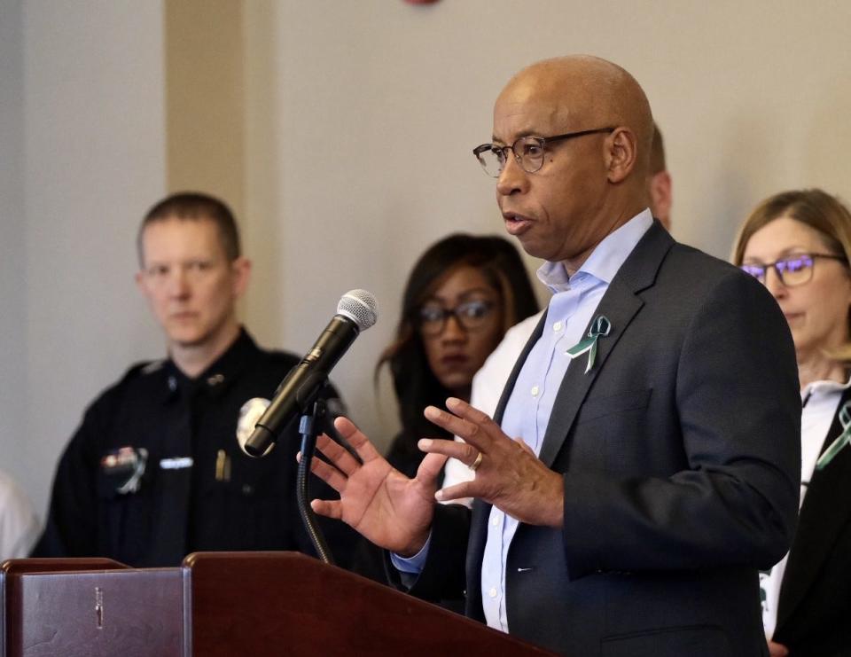 Michigan State Senior Vice President Vennie Gore answers questions at a news conference Sunday, Feb. 19, 2023, regarding students returning to class Monday.