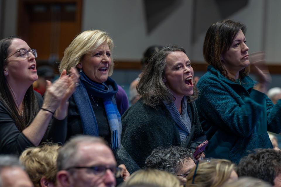 Central Bucks residents react to the decision the CB school board to pay out some $712,000 to departing Superintendent Abram Lucabaugh at a meeting Tuesday, Nov. 14, 2023.