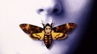 the poster for the classic horror movie the silence of the lambs, featuring a woman with a moth over her mouth