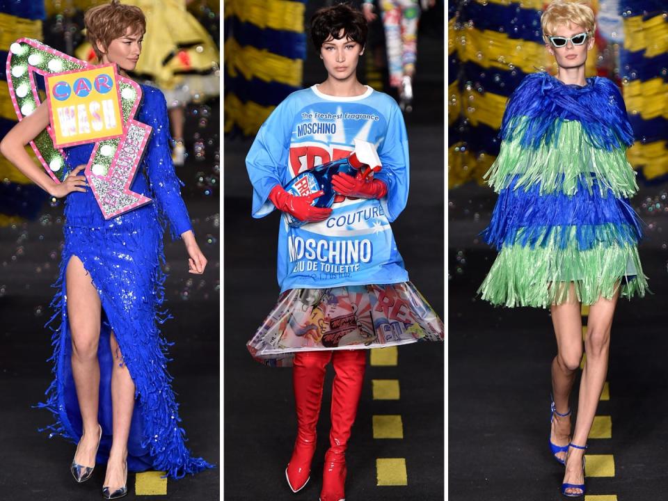 Models walk the runway during Moschino's Spring/Summer 2016 show.