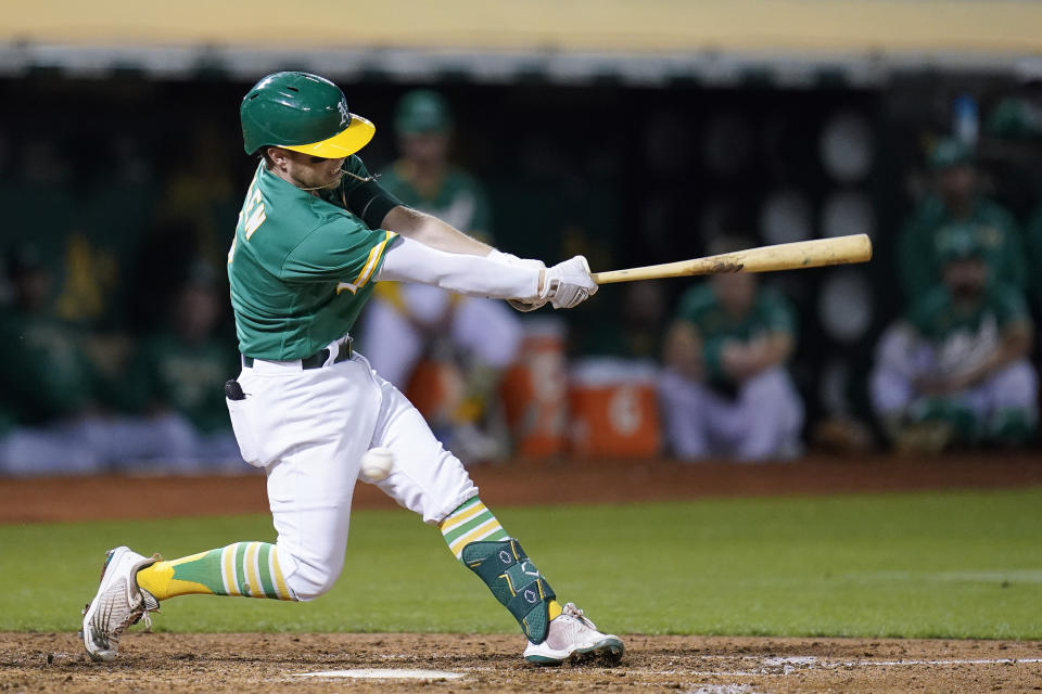 Oakland Athletics' Nick Allen strikes out against the Los Angeles Angels during the fifth inning of a baseball game in Oakland, Calif., Tuesday, Oct. 4, 2022. (AP Photo/Godofredo A. Vásquez)