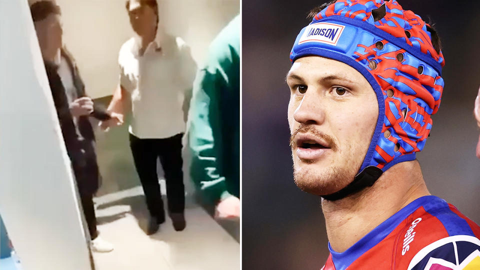 Kalyn Ponga, pictured here leaving a toilet cubicle with Kurt Mann.