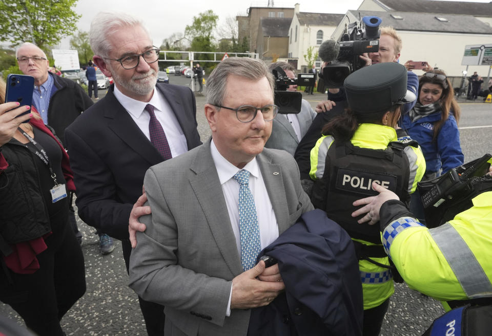 Former DUP leader Sir Jeffrey Donaldson arrives at Newry Magistrates' Court, where he is charged with several historical sexual offences, in Newry, Northern Ireland, Wednesday April 24, 2024. Sir Jeffrey resigned as DUP leader and was suspended from the party following the charges. (Niall Carson/PA via AP)