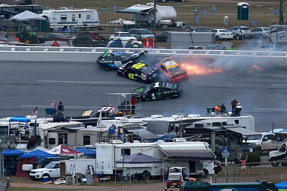 This wreck happened when Alex Bowman mistimed a block while defending the race lead at the end of the second stage. (Photo by Sean Gardner/Getty Images)