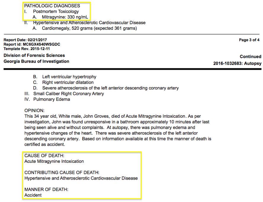 A screenshot of John Grove's autopsy report, saying he died of "acute mitragynine intoxication." (Photo: Georgia Bureau of Investigation)