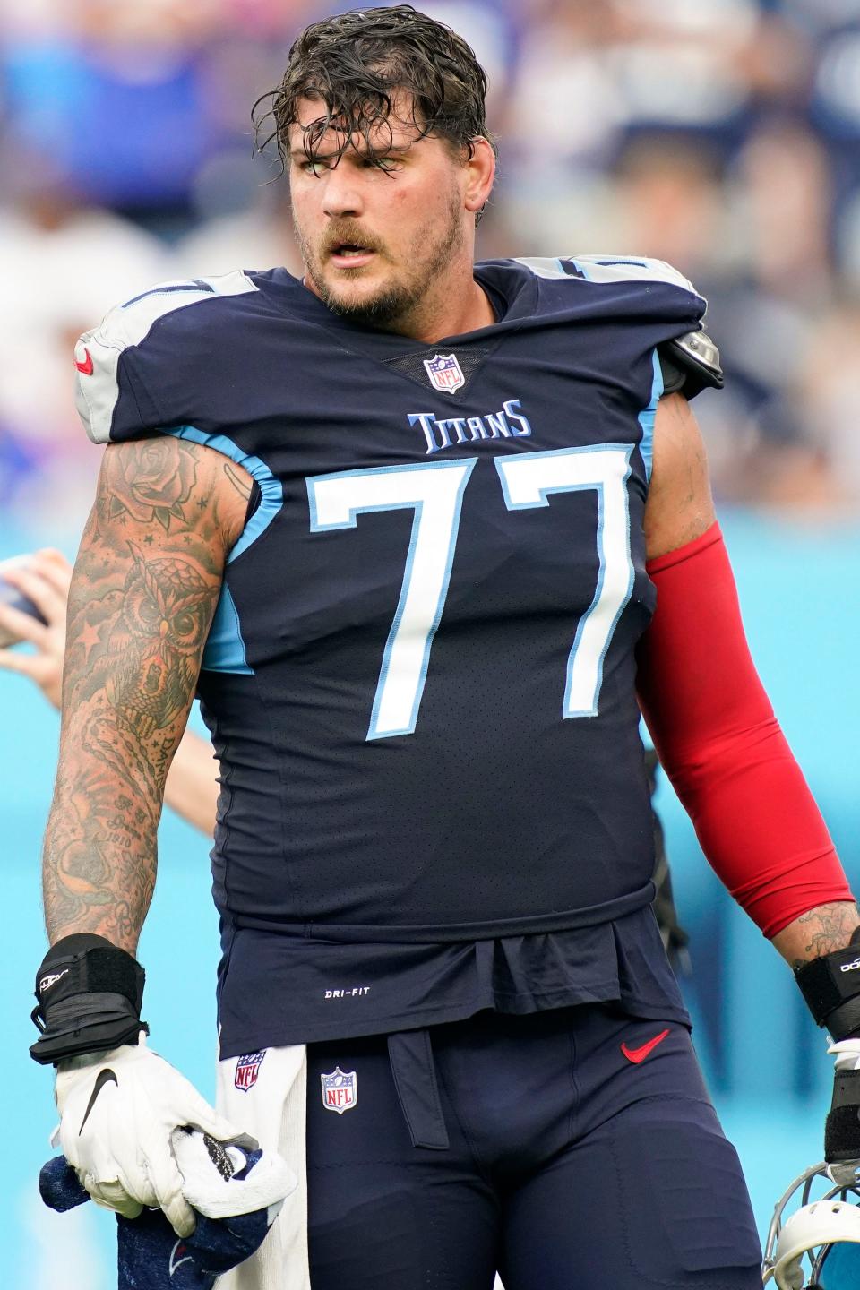 Tennessee Titans offensive tackle Taylor Lewan (77) during the fourth quarter at Nissan Stadium Sunday, Sept. 11, 2022, in Nashville, Tenn. 