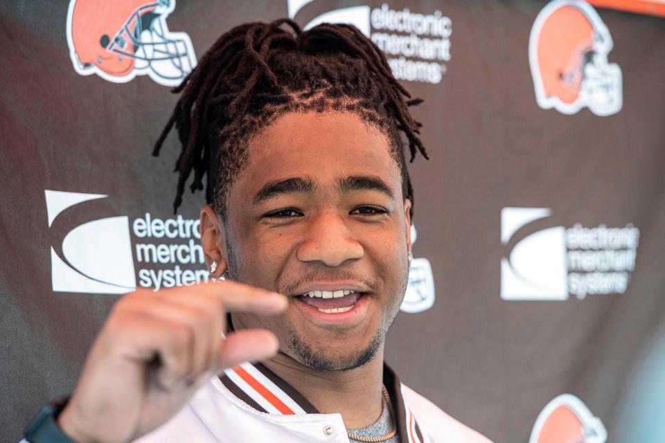 Cleveland Browns rookie Isaiah McGuire speaks with reporters May 13 before practice during rookie minicamp in Berea.