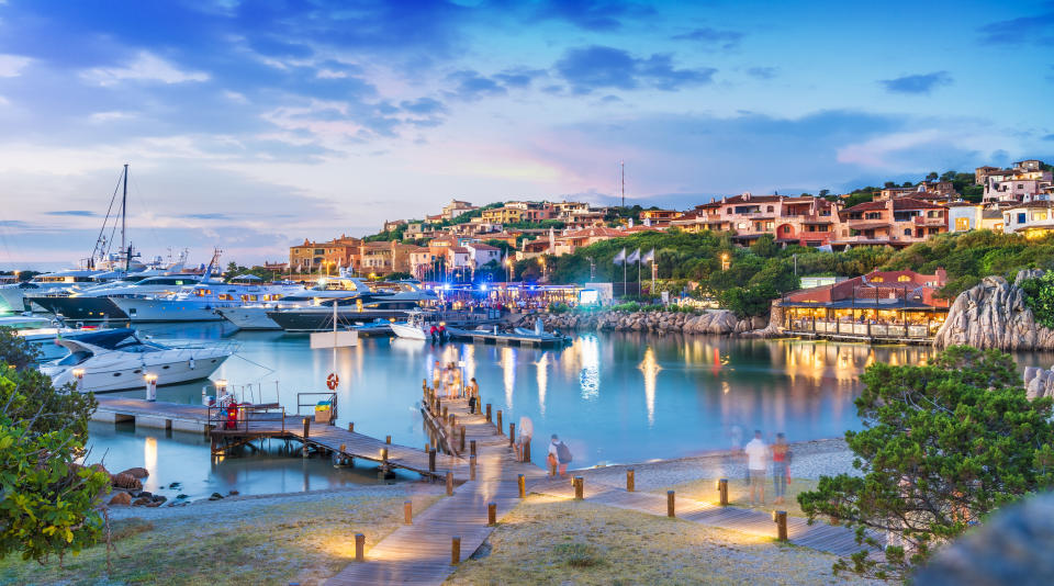 View of harbor and village Porto Cervo, Sardinia island, Italy